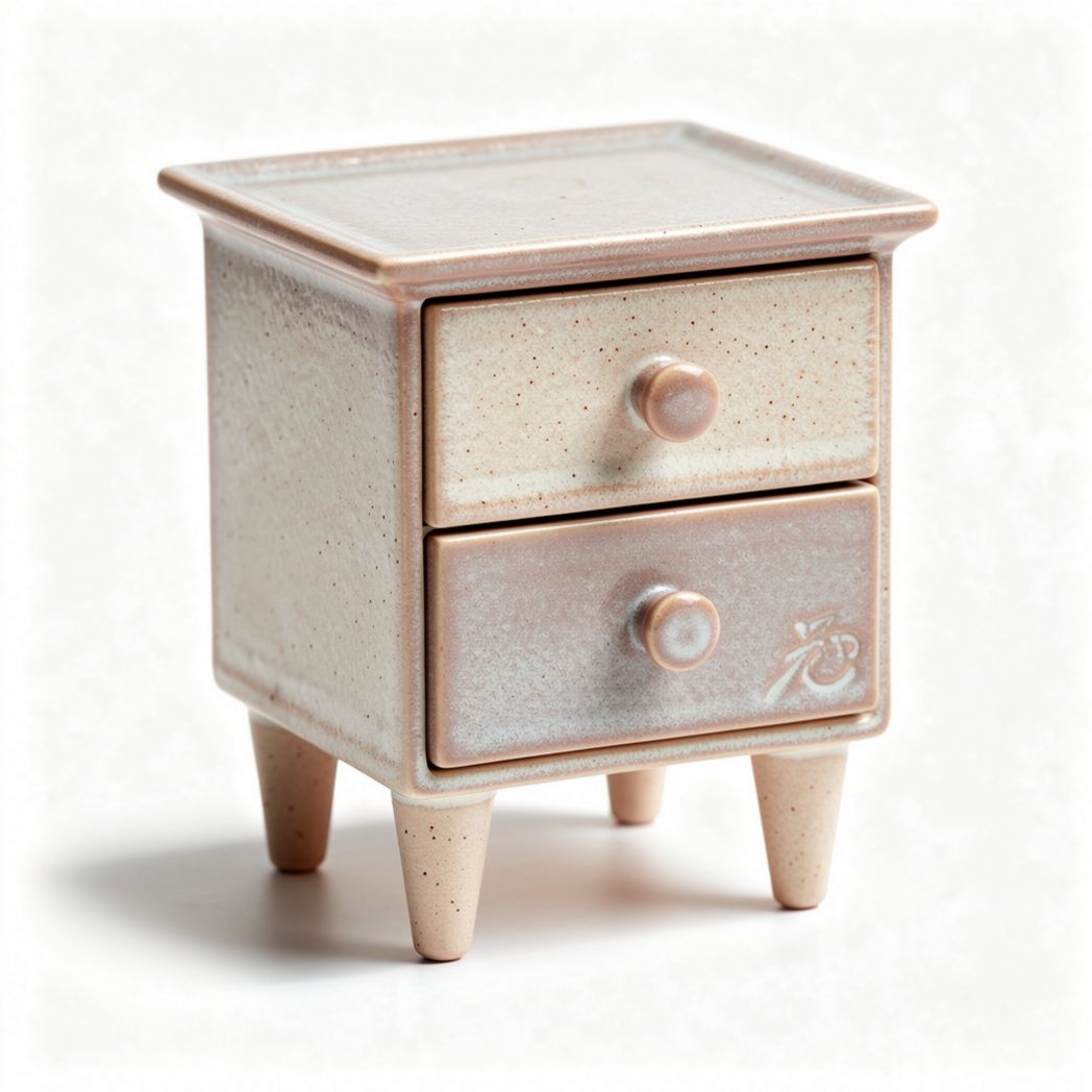 Table de nuit en céramique beige avec deux tiroirs et pieds de 20 x 15 x 20cm