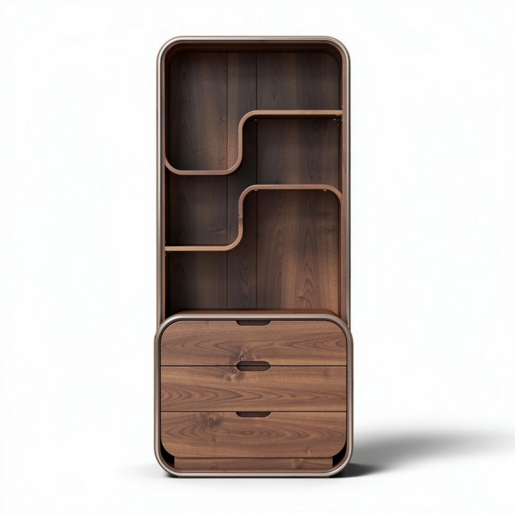 Étagère en bois noyer avec deux tiroirs et compartiments de rangement 150 x 70 x 30cm