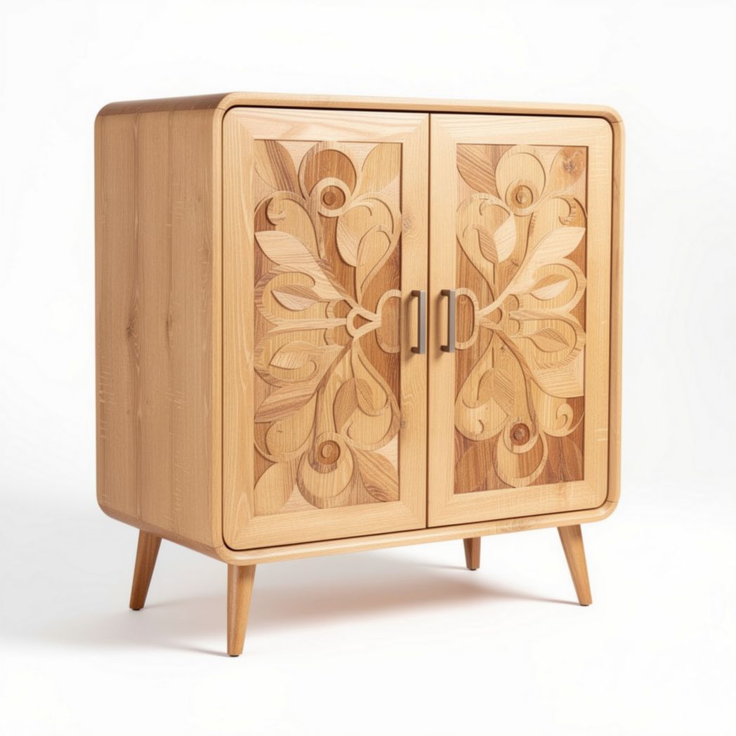 Meuble de rangement en bois clair avec motifs floraux 80 x 40 x 90cm