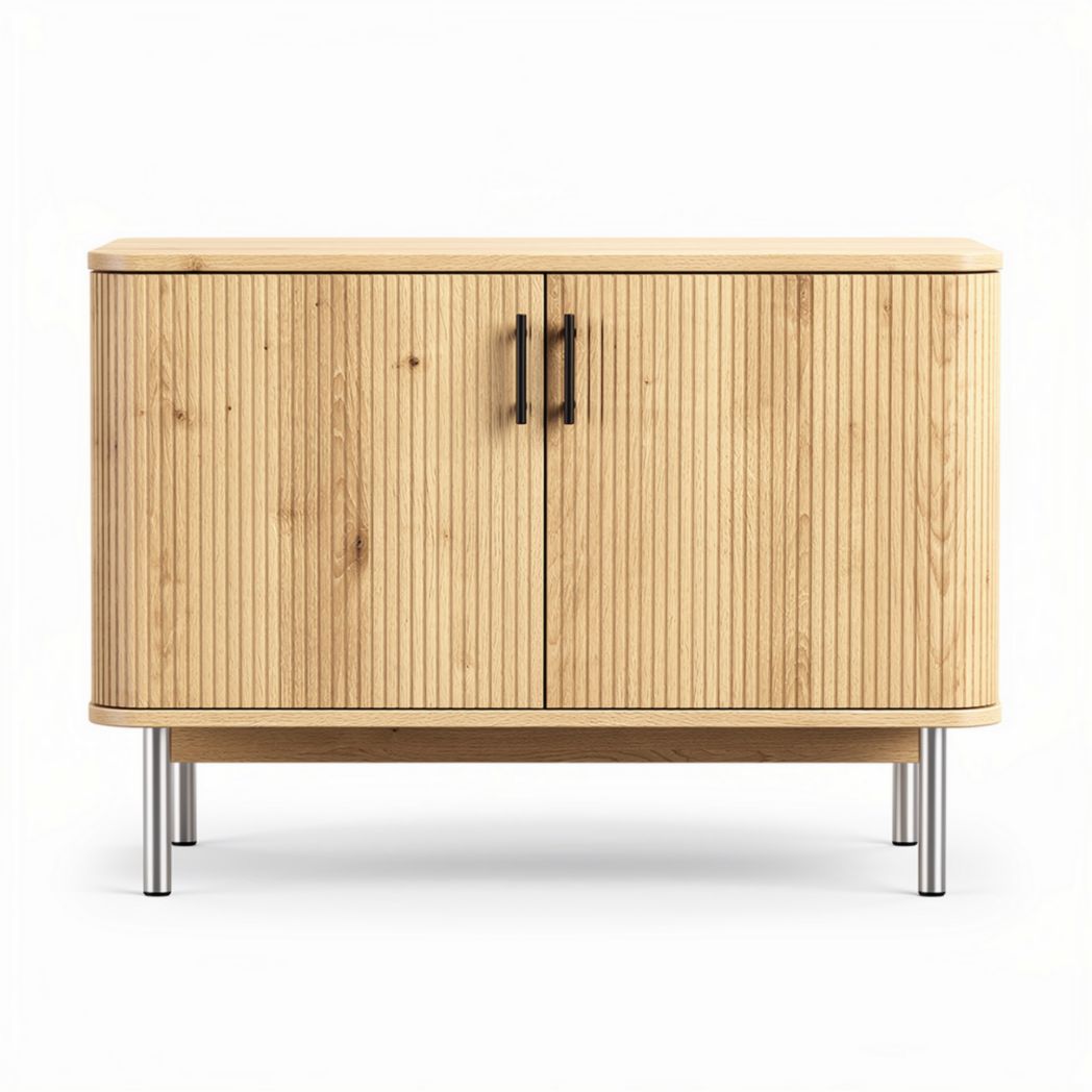 Buffet en bois naturel avec portes en relief et pieds en métal 90 x 40 x 70cm