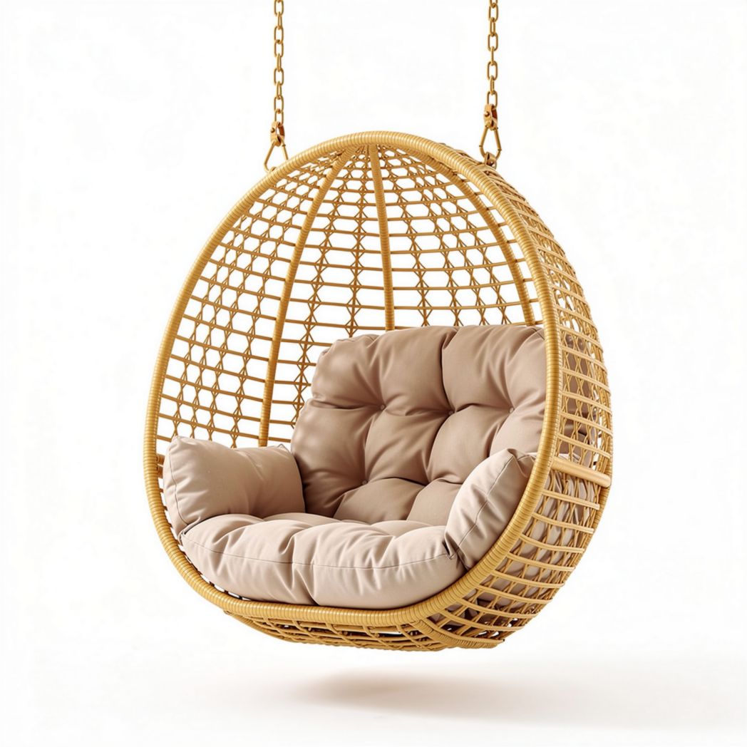 Chaise suspendue en rotin avec coussins beiges dimensions 90 x 90 x 120cm