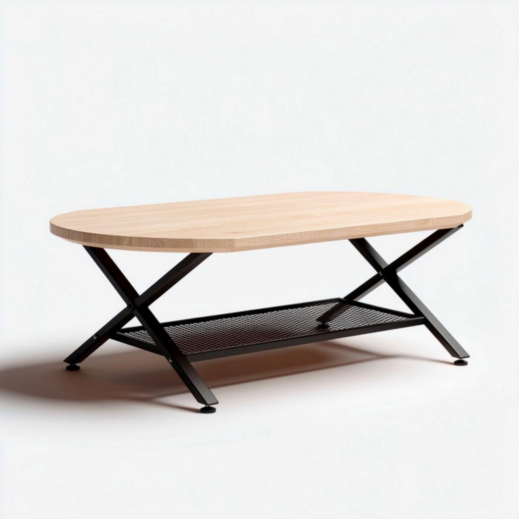 Table basse ovale en bois et métal noir 120 x 60 x 45 cm avec étagère en treillis