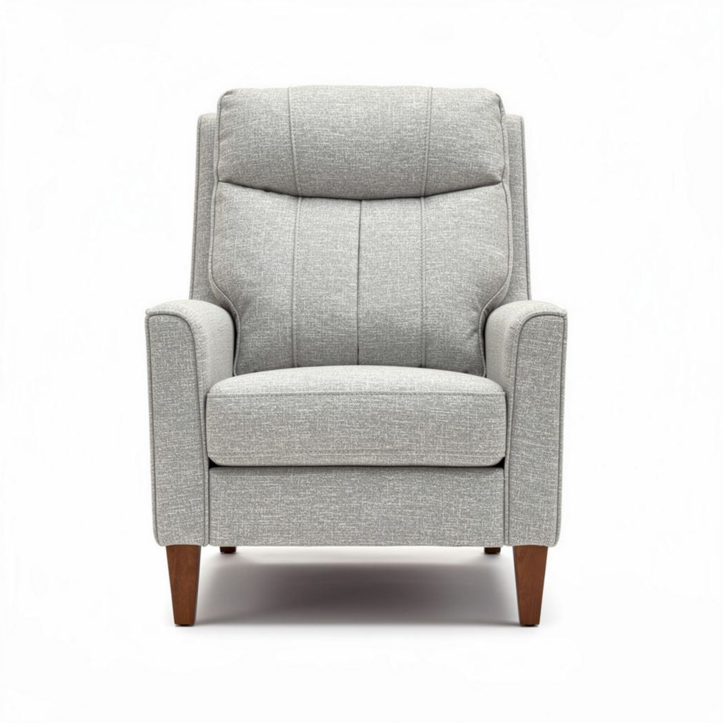 Fauteuil en tissu gris clair avec pieds en bois dimensions 90 x 80 x 100cm